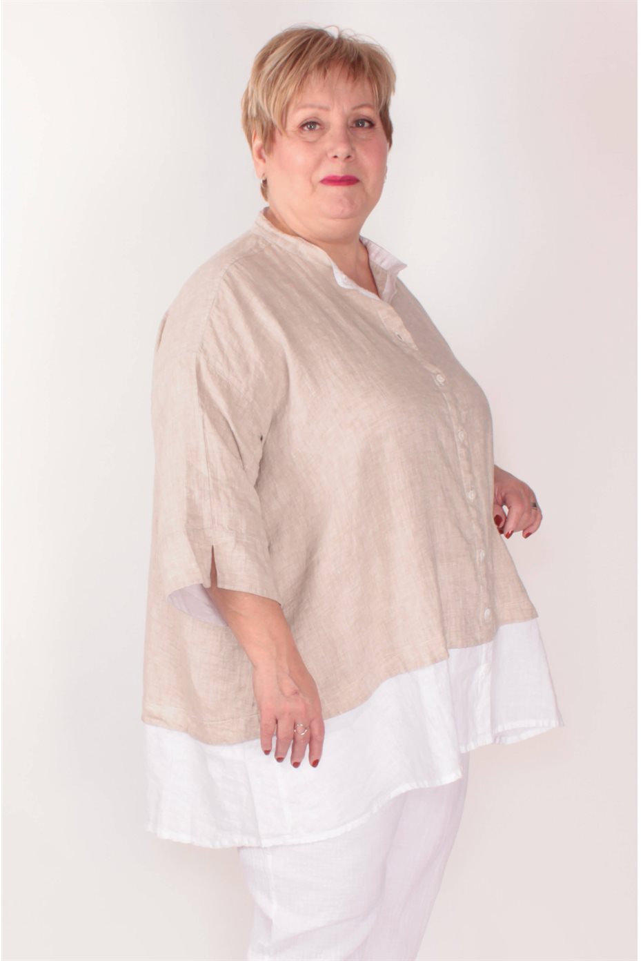 Blouse Lin Beige-Blanc